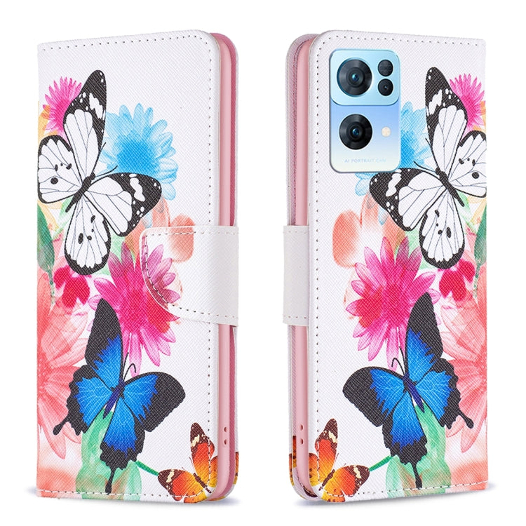 Leather phone case with butterflies and bright flowers, flip cover with camera cutout.
