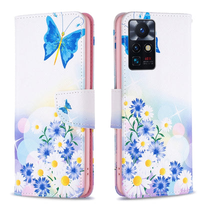 Leather phone case with butterfly and blue daisy pattern, flip cover and camera opening.