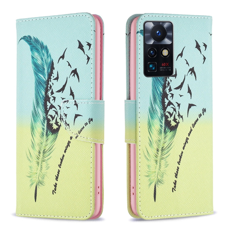 Leather-style phone wallet case with feather and bird illustration, magnetic front flap.