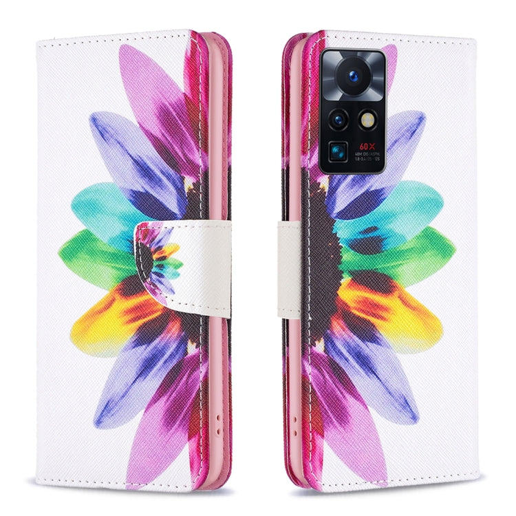 Leather-style phone wallet case with colorful flower butterfly illustration and magnetic flap.