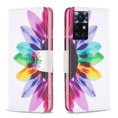 Leather-style phone wallet case with colorful flower butterfly illustration and magnetic flap.