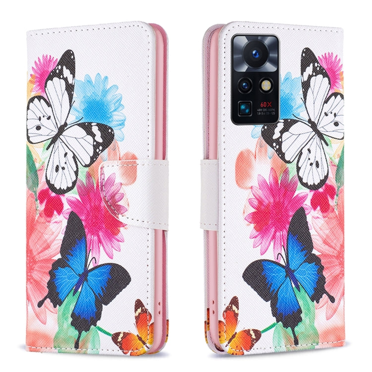 Leather phone case with colorful butterfly collage, flip cover and camera cutout.