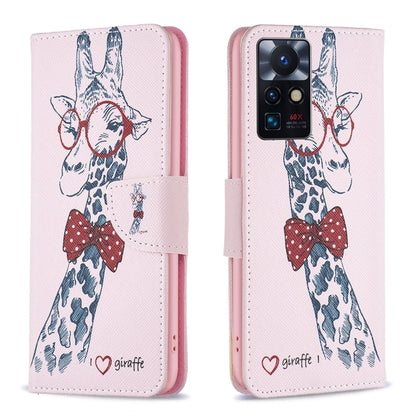 Leather-style phone wallet case with giraffe drawing and bow graphic, magnetic front flap.