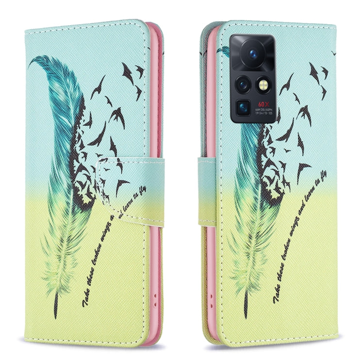 Leather-style phone wallet case with feather and bird illustration, magnetic front flap.