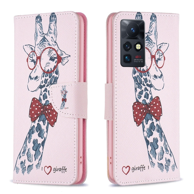 Leather-style phone wallet case with giraffe drawing and bow graphic, magnetic front flap.