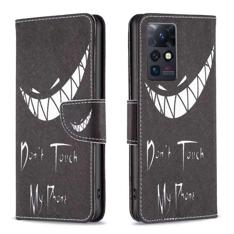 Dark leather phone case with white graphic pattern and flip cover