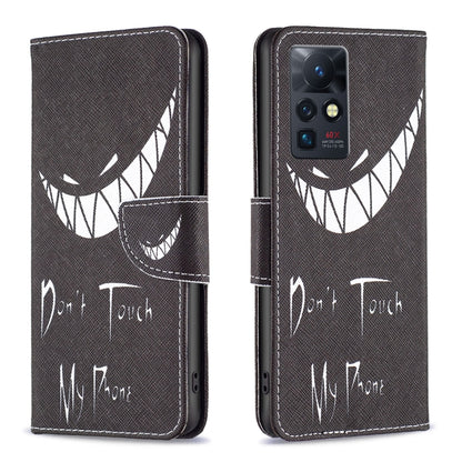 Dark leather phone case with white graphic pattern and flip cover
