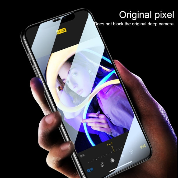 Tempered glass screen protector film aligned with smartphone camera cutout