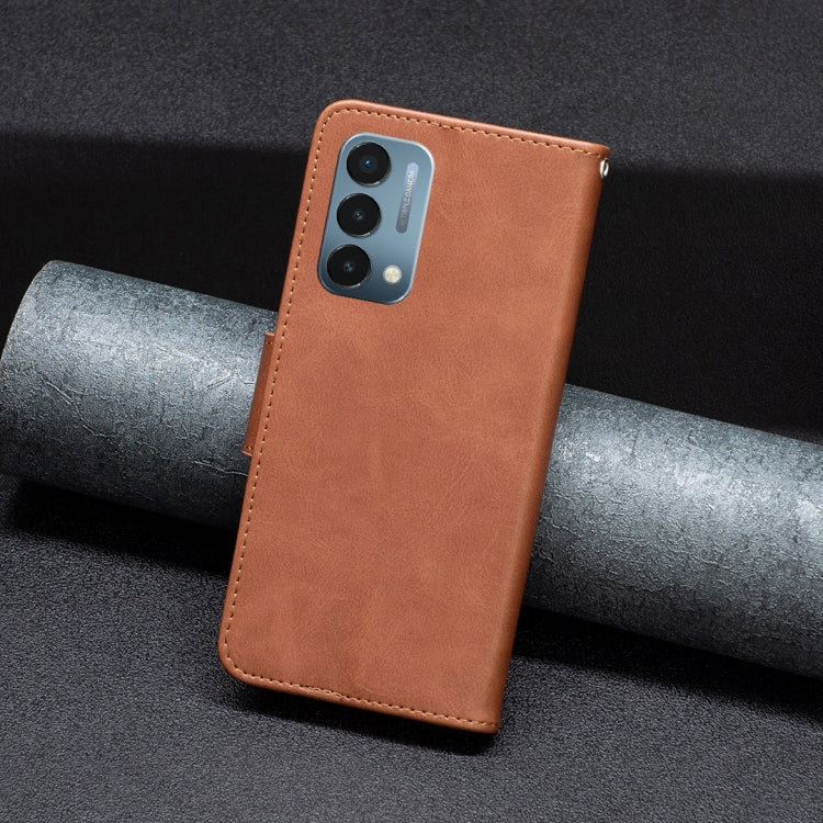 Brown leather flip phone case with camera cutout and side opening