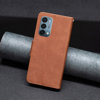 Brown leather flip phone case with camera cutout and side opening