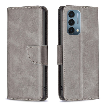 Grey lambskin-texture leather phone case with flip cover and camera cutout