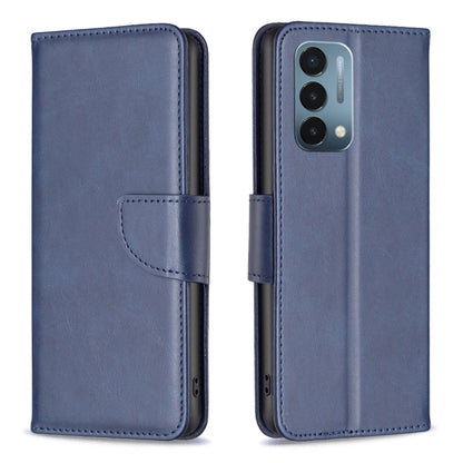 Blue leather flip phone case with card pocket and camera cutout
