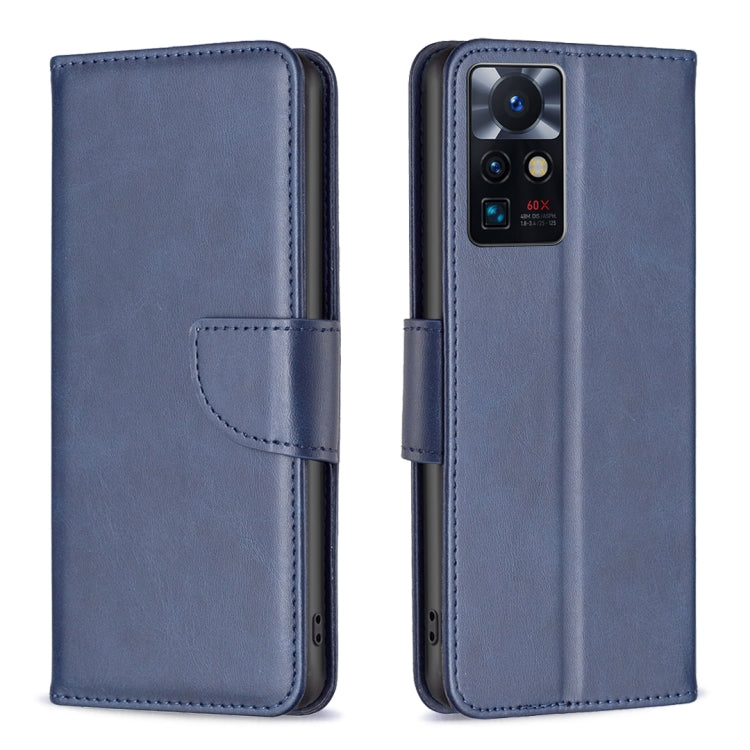 Lambskin texture phone case, blue folio with side strap and camera cutout