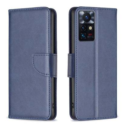 Lambskin texture phone case, blue folio with side strap and camera cutout