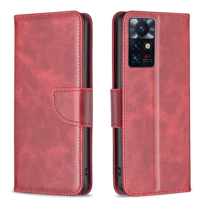 Lambskin texture phone case, red folio with side strap and front camera opening
