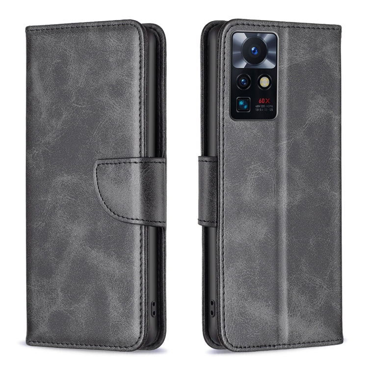 Lambskin texture phone case, dark gray folio with side strap; camera opening visible