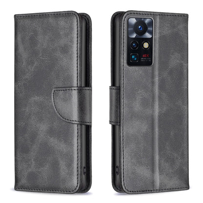 Lambskin texture phone case, dark gray folio with side strap; camera opening visible