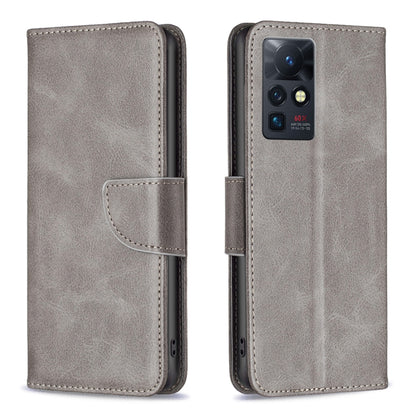 Lambskin texture phone case, gray folio with side strap and visible camera cutout