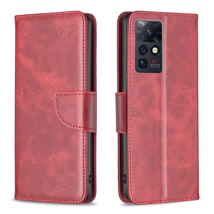Lambskin texture phone case, red folio with side strap and front camera cutout