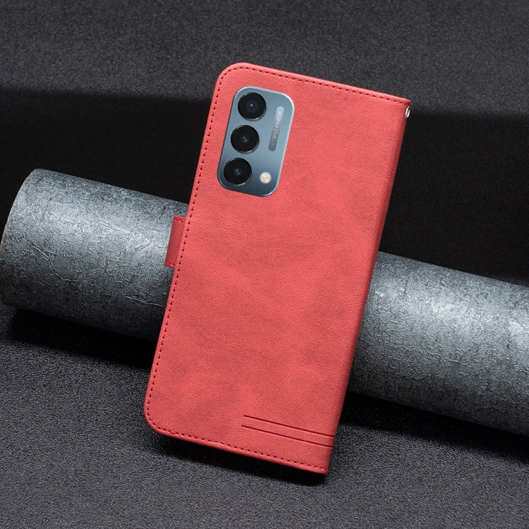 Red leather flip phone case with camera cutout and magnetic closure