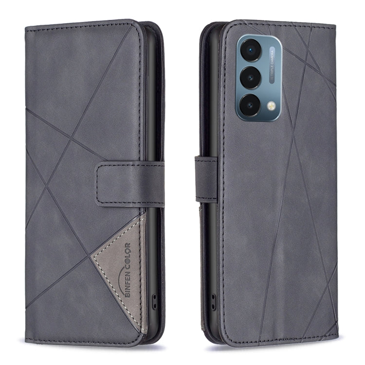 Magnetic flip leather phone case in dark gray, rhombus texture, front buckle closure