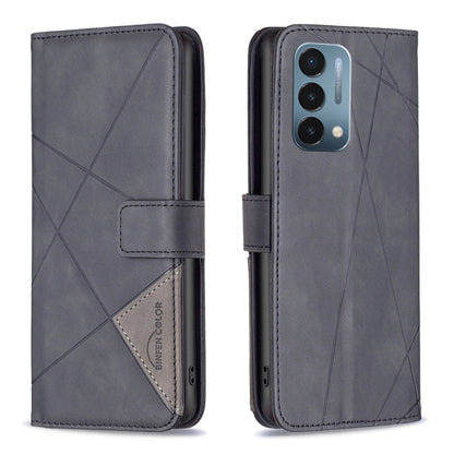 Magnetic flip leather phone case in dark gray, rhombus texture, front buckle closure