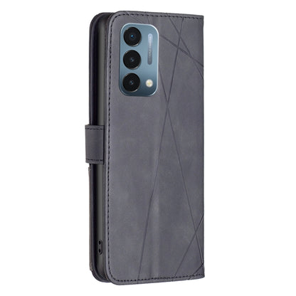 Magnetic flip leather phone case in dark gray with rhombus texture and camera cutouts