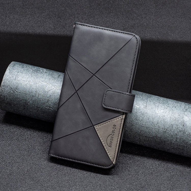 Magnetic flip leather phone case in black with rhombus texture and front buckle