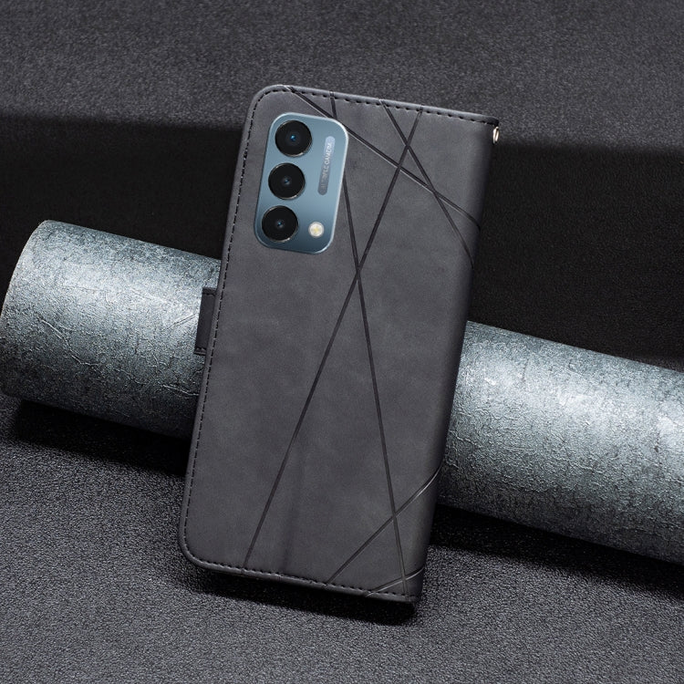 Magnetic flip leather phone case in black with rhombus texture and camera cutout