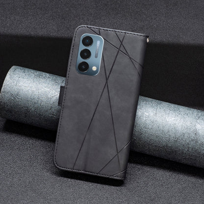 Magnetic flip leather phone case in black with rhombus texture and camera cutout