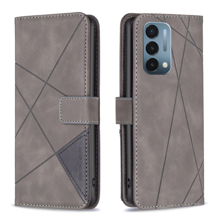 Magnetic flip leather phone case in light gray with rhombus texture and front buckle