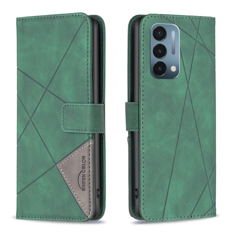 Magnetic flip leather phone case in green with rhombus texture and front buckle