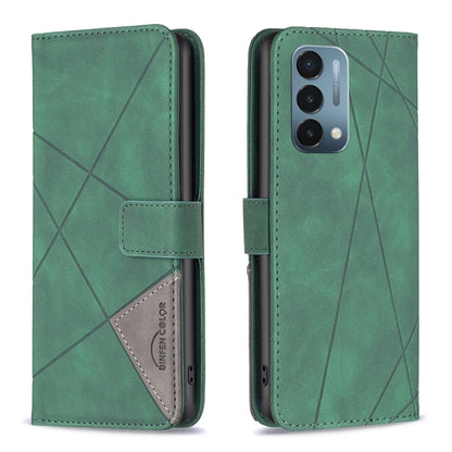 Magnetic flip leather phone case in green with rhombus texture and front buckle