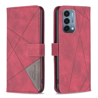 Red magnetic leather phone case with rhombus texture, flip cover and card slot