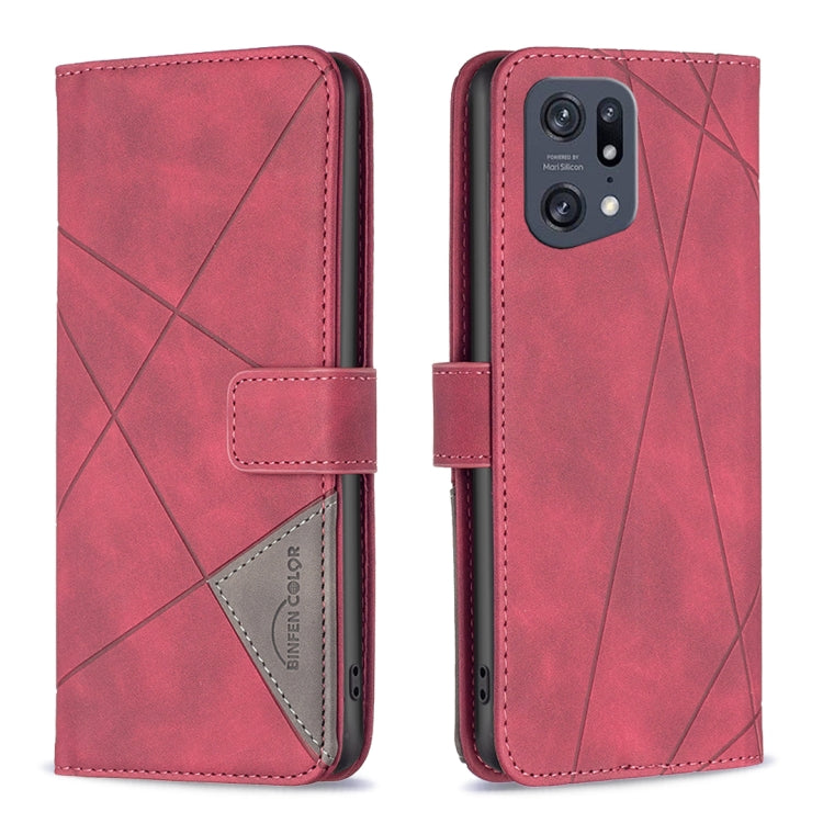 Red magnetic leather phone case with rhombus texture, flip cover and card slot