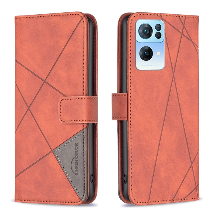 Brown leather phone case with rhombus texture and magnetic buckle flip cover