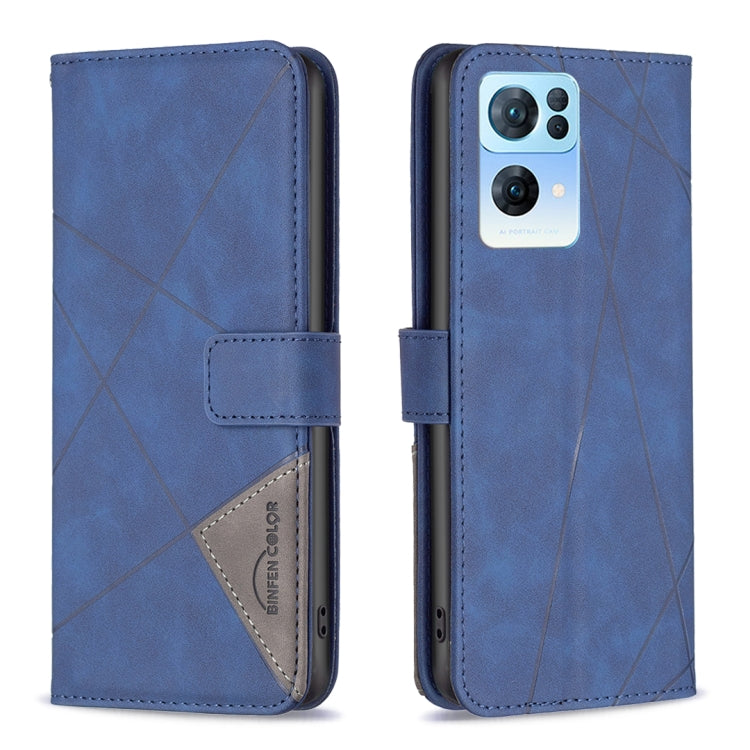 Blue leather phone case with rhombus texture and magnetic buckle flip cover