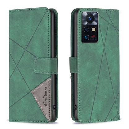 Green leather phone case with rhombus texture, magnetic buckle, and 60X camera window