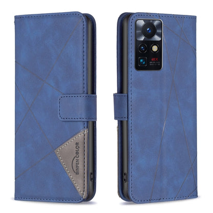Blue leather phone case with rhombus texture, magnetic buckle, and camera cutout