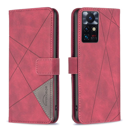 Red leather phone case with rhombus texture, magnetic buckle, and 60X camera window