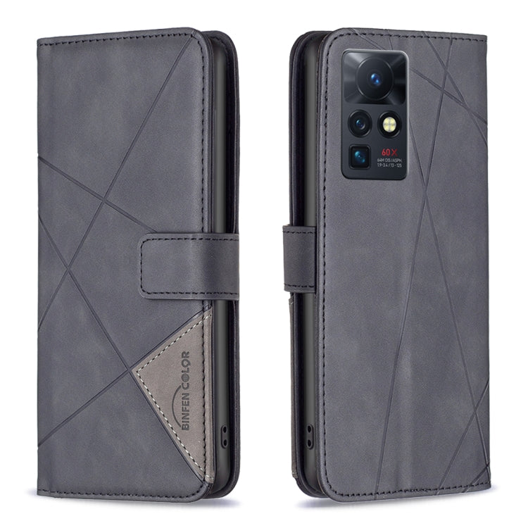 Grey leather-look folio phone case with rhombus texture and magnetic buckle closure