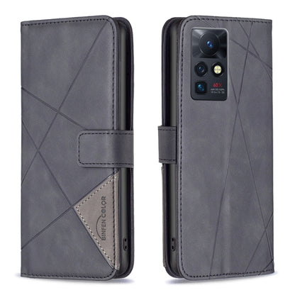 Grey leather-look folio phone case with rhombus texture and magnetic buckle closure