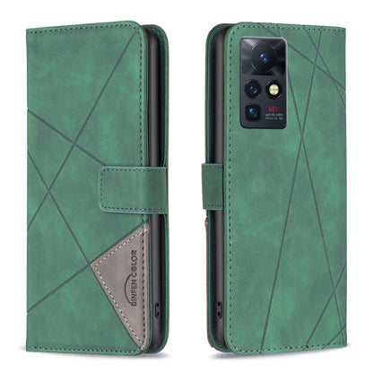Green leather-look folio phone case with rhombus texture and magnetic buckle closure