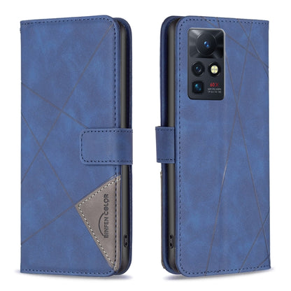 Blue leather-look folio phone case with rhombus texture and magnetic buckle closure