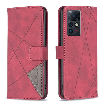 Red leather-look folio phone case with rhombus texture and magnetic buckle closure