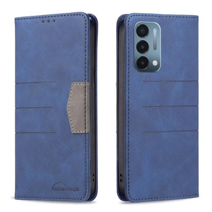 Blue magnetic splicing leather phone case with flip cover and card pocket