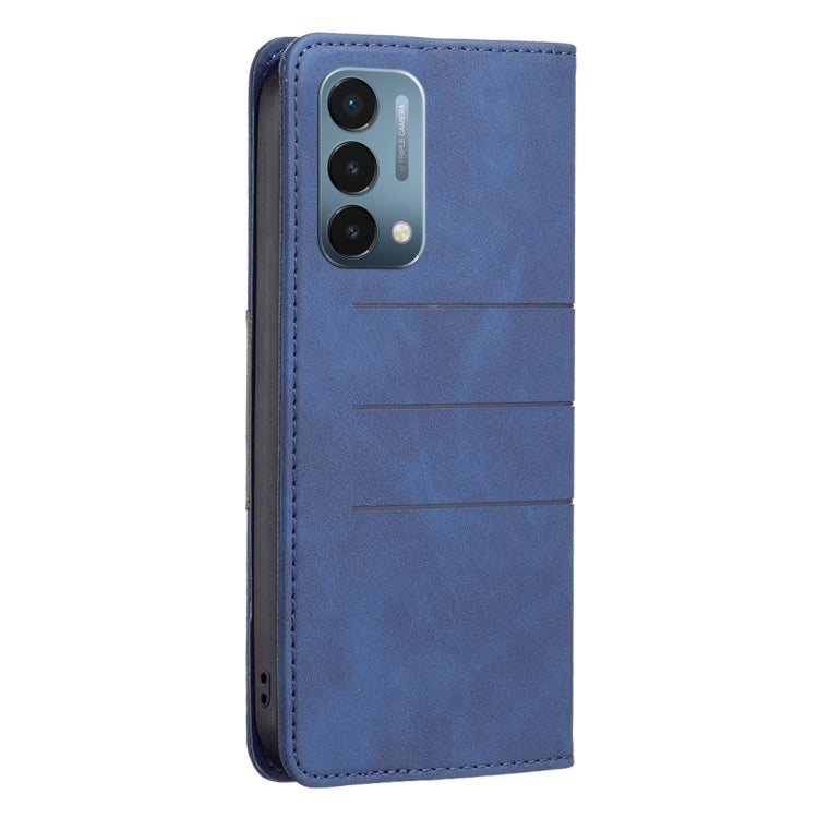 Blue magnetic splicing leather phone case with camera cutout, back view