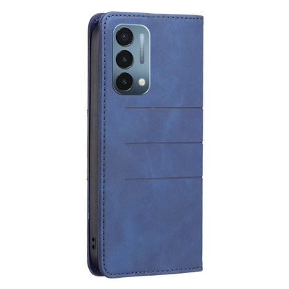 Blue magnetic splicing leather phone case with camera cutout, back view