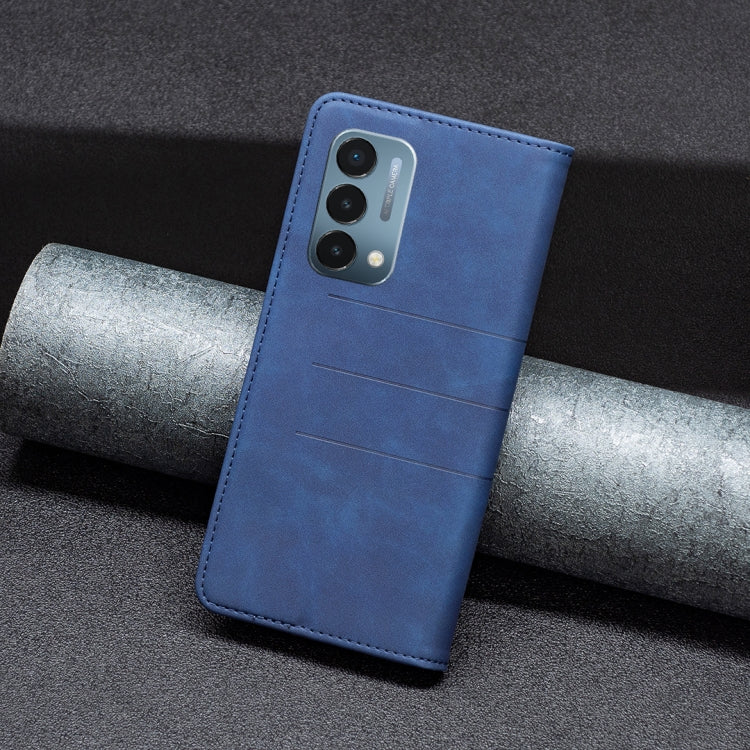 Blue magnetic splicing leather phone case with camera cutout, upright back