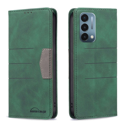 Green magnetic splicing leather phone case with flip cover and card pocket